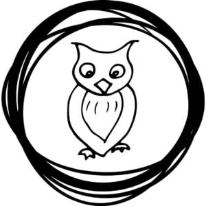 Hand drawn cartoon style sketch of an owl in a circle