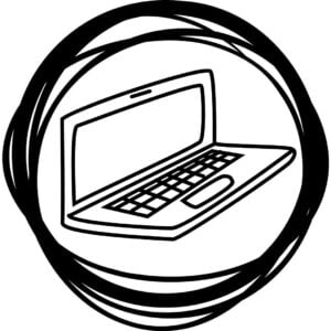 Hand drawn cartoon style sketch of a laptop in a circle